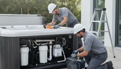 Spa repair technician servicing a home spa in Arlington, TX with plumbing tools and equipment
